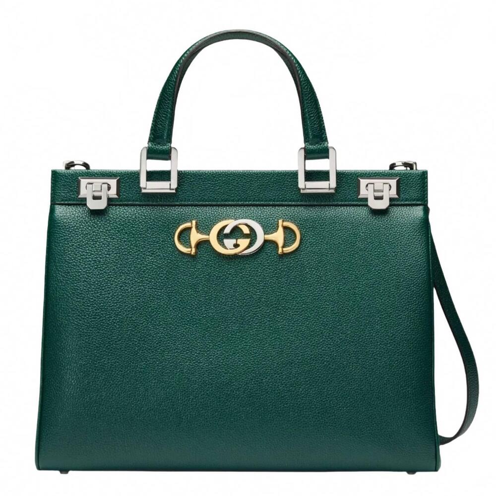 NEW GUCCI women's zumi grainy leather medium top handle bag in green